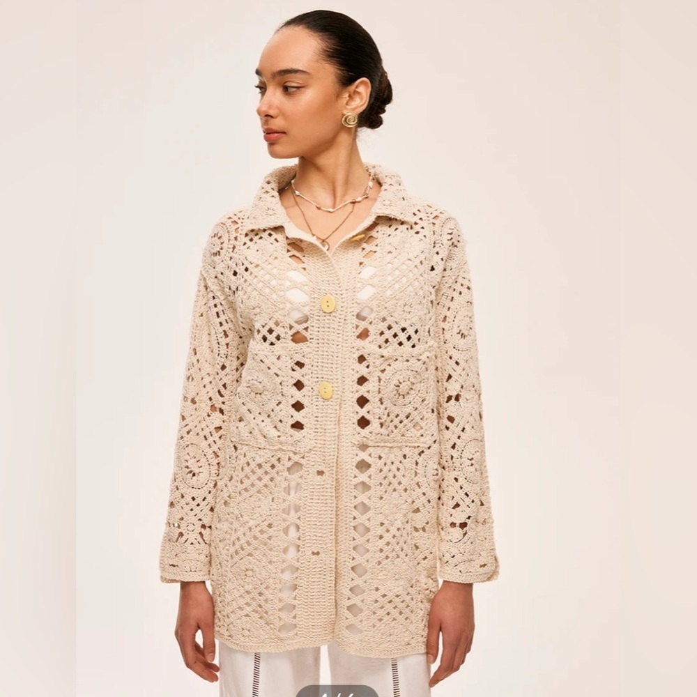 Boho Crochet Button Front Cardigan Cream Open Knit Beachy Oversized Sweater - Picture 7 of 12